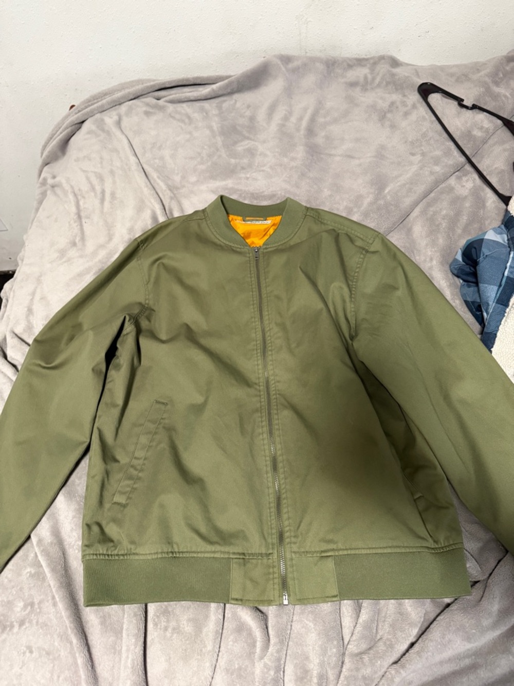 Olive Green Bomber Jacket with Orange Lining